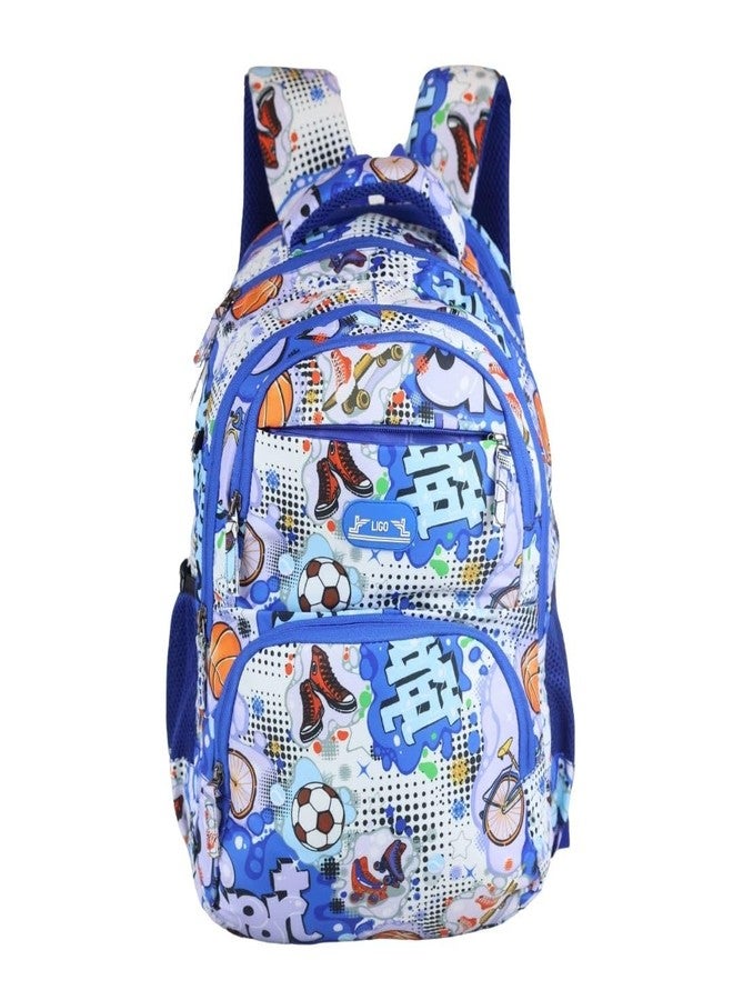 Ligo Football Print 16 Inch School Bag for boys with Bottle Pocket and Front Organizer school bag for girls (Royal Blue) - Image 1